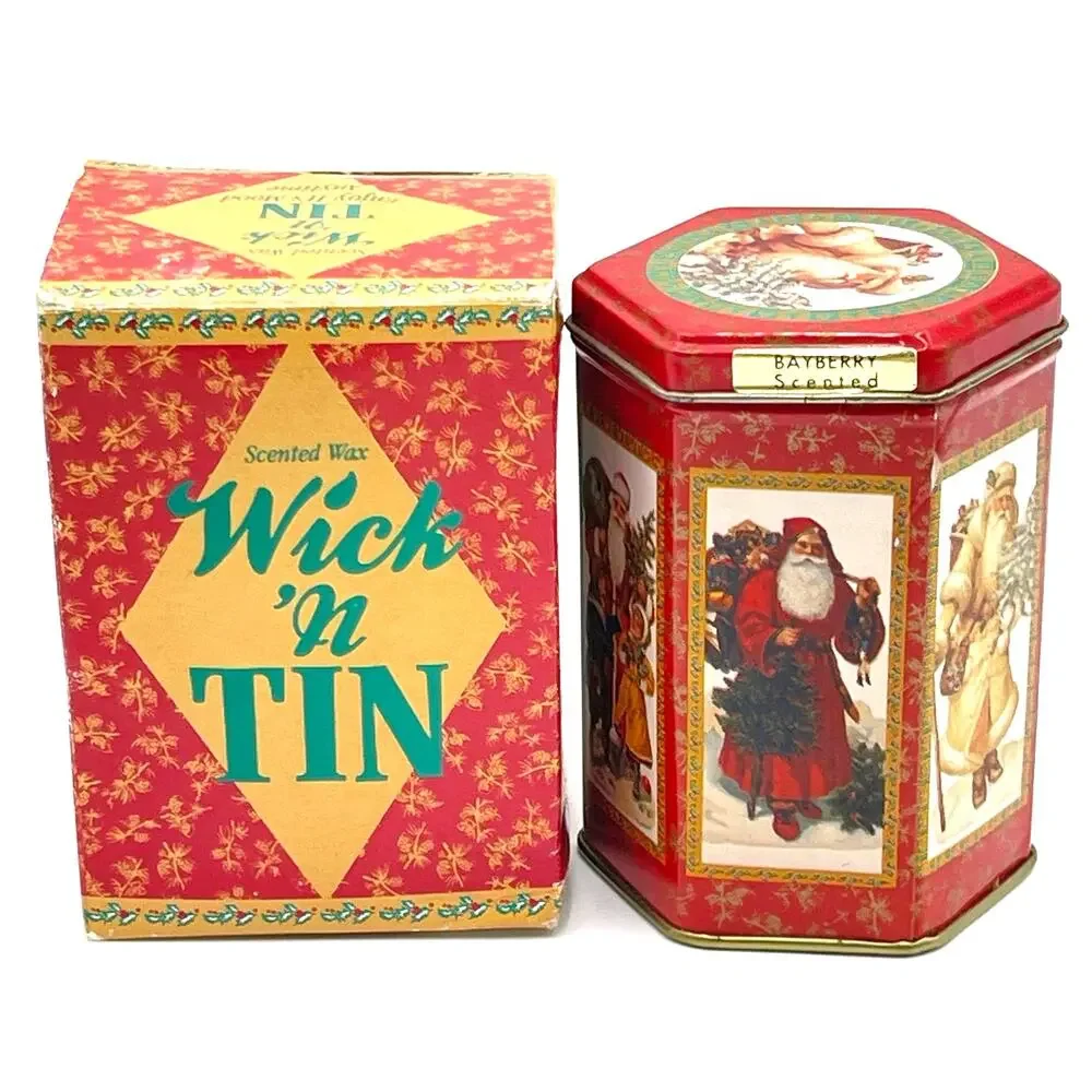Vtg 1990s GiftCo Wick 'n Tin Bayberry Scented Christmas Candle With Original Box